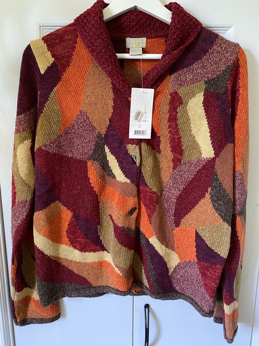 Sigrid Olsen NWT Silk Fall Firelight Patchwork Knit Cardigan  Abalone Button S